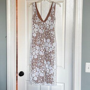 Lace lined cocktail dress, fitted, size medium, white/nude.